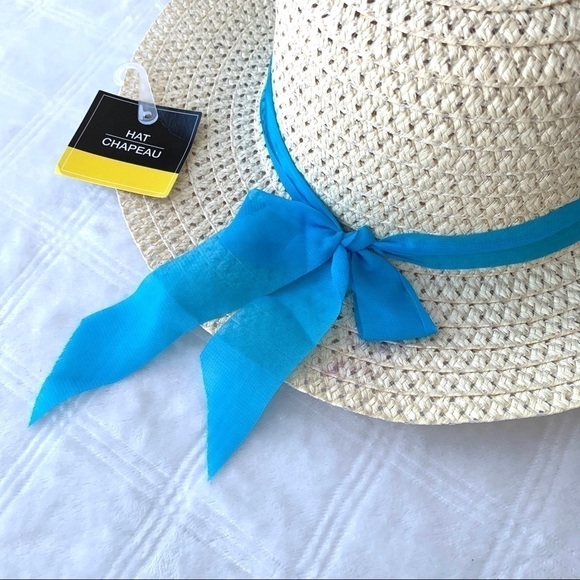 Hat Chapeau Blue Bow Sash Floppy Paper Straw Summer Sun Hat One Size - Picture 3 of 9